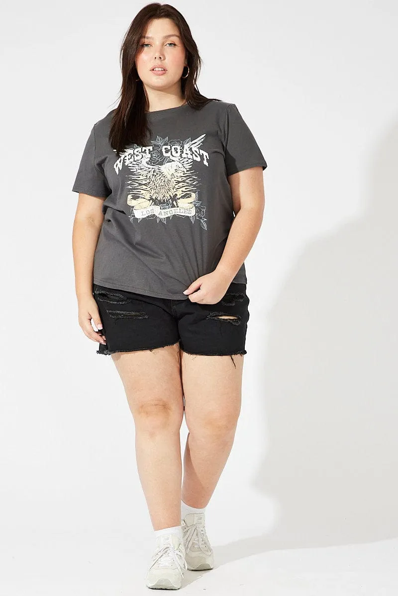 Grey Graphic T-shirt Short Sleeve Crew Neck Everyday Look Classic Trend Look