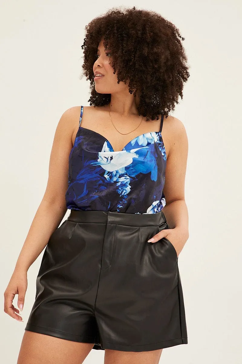 MultiPocket Design Black Faux Leather Shorts