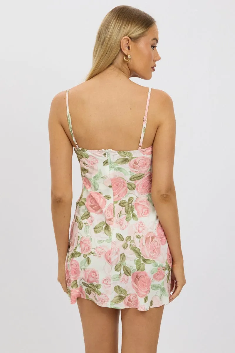Pink Floral Mini Dress Strappy fade resistant color Casual stylish short dress