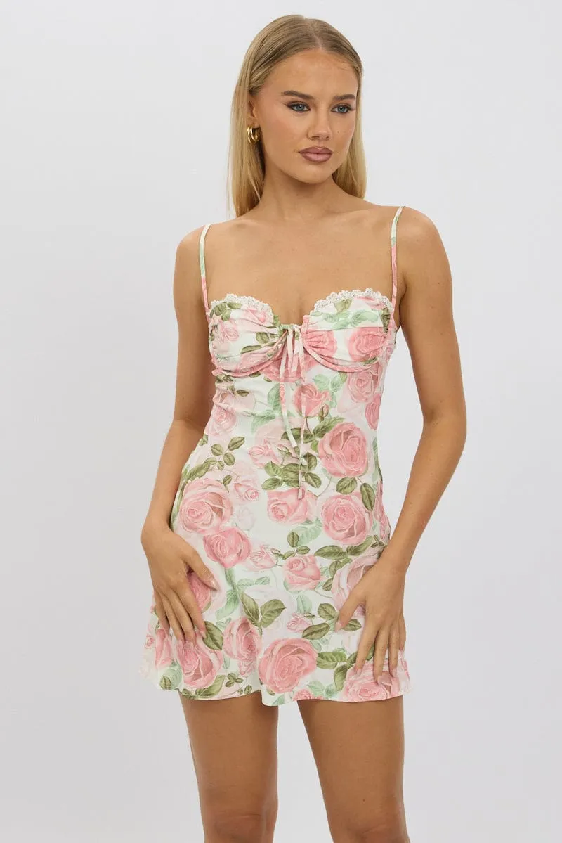 Pink Floral Mini Dress Strappy Trend Beat Reinforced Stitching