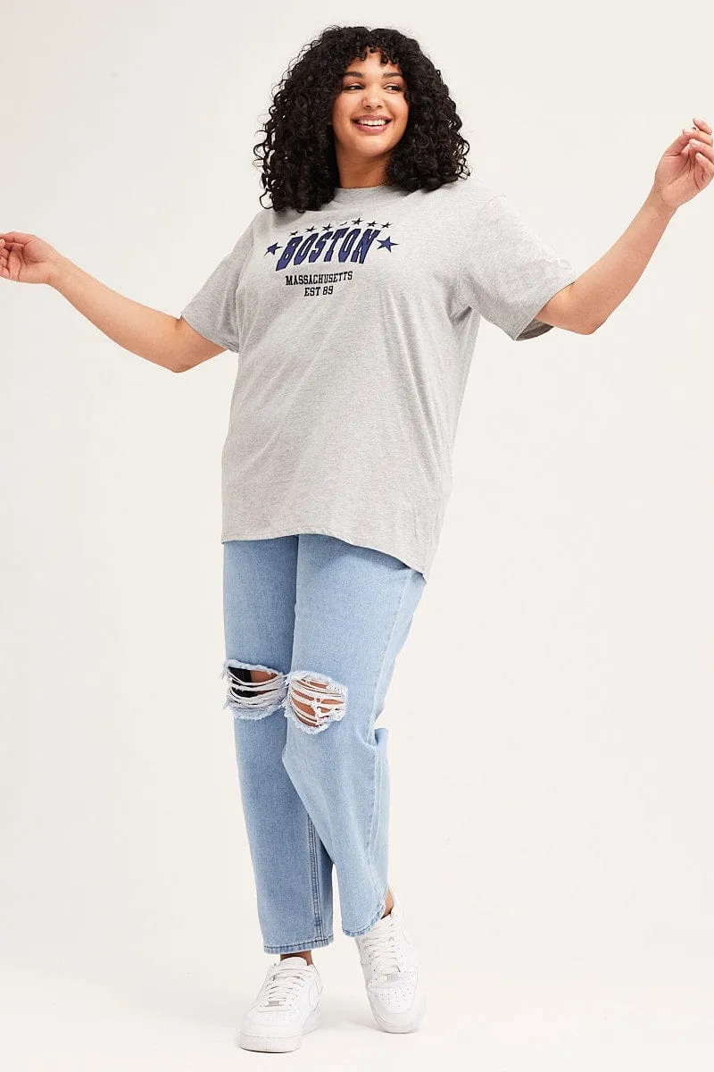 Everyday Chic Raw Edge Hem Grey Marle Short Sleeve Boston Oversized Embroidered T-shirt