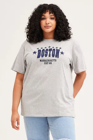 Autumn coziness Street Trend Grey Marle Short Sleeve Boston Oversized Embroidered T-shirt
