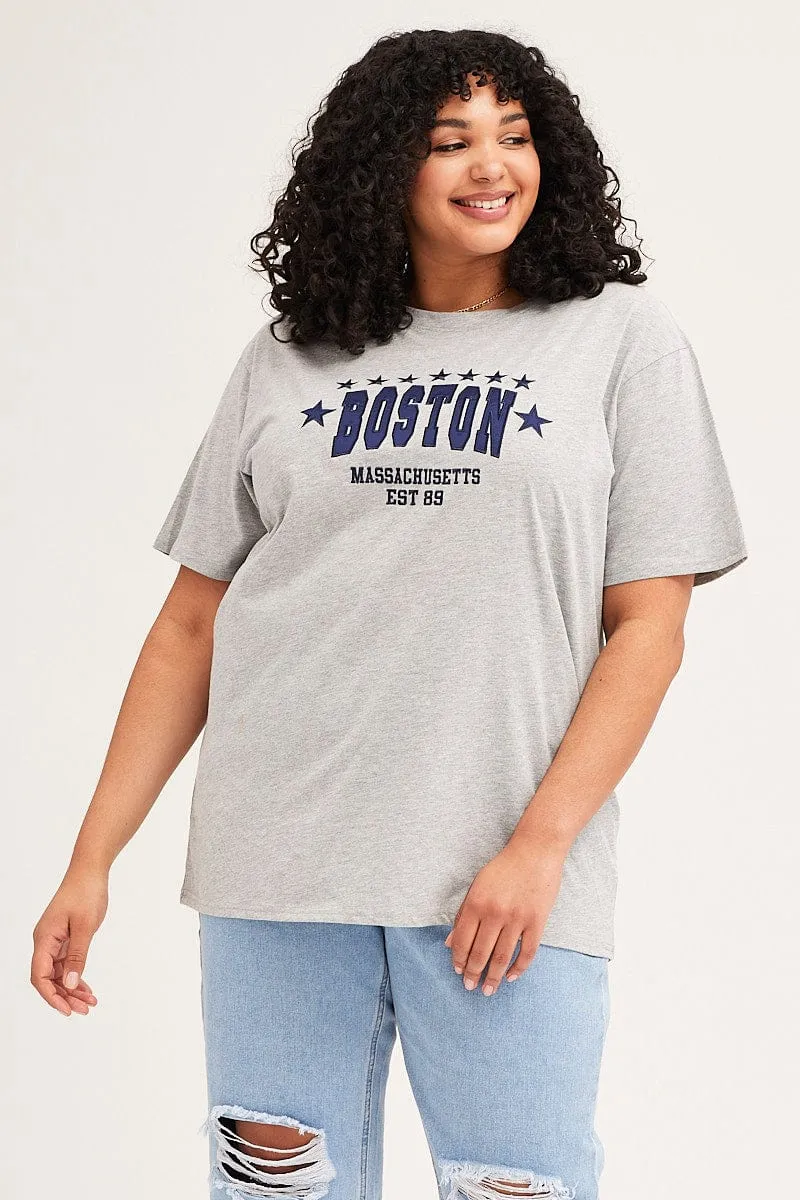 Grey Marle Short Sleeve Boston Oversized Embroidered T-shirt Drip Dry Fabric