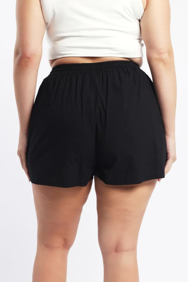 Black Cotton Curve Hem Shorts Flexible Waistline