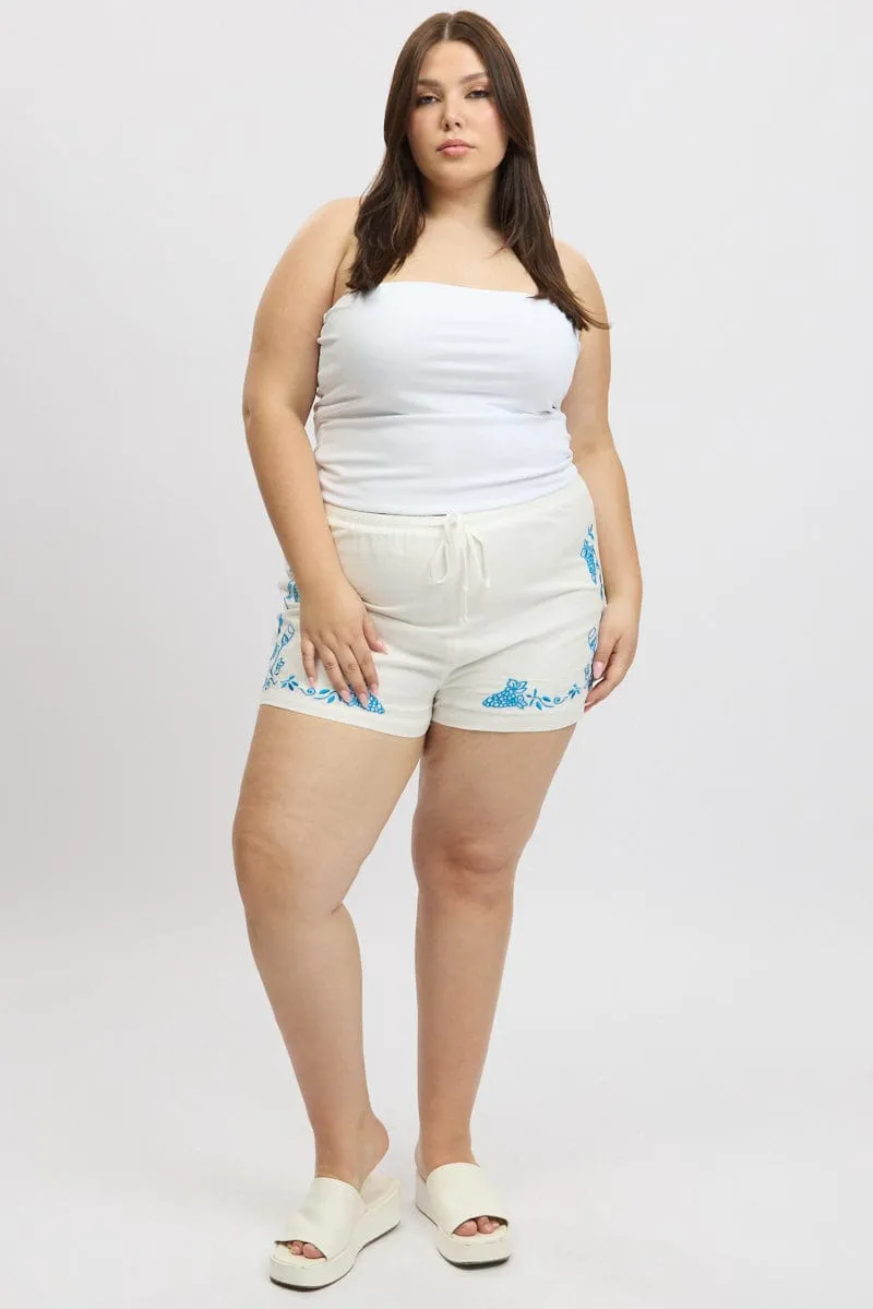 Cultural Fit White Embroidered Drawstring Elastic Waist Shorts