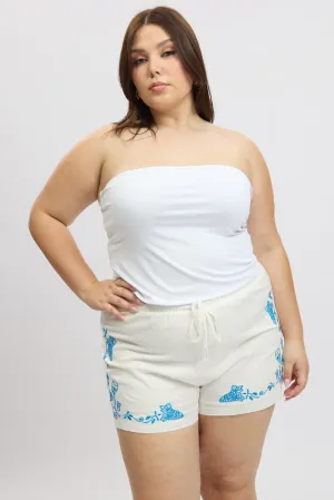 White Embroidered Drawstring Elastic Waist Shorts Brave Fit