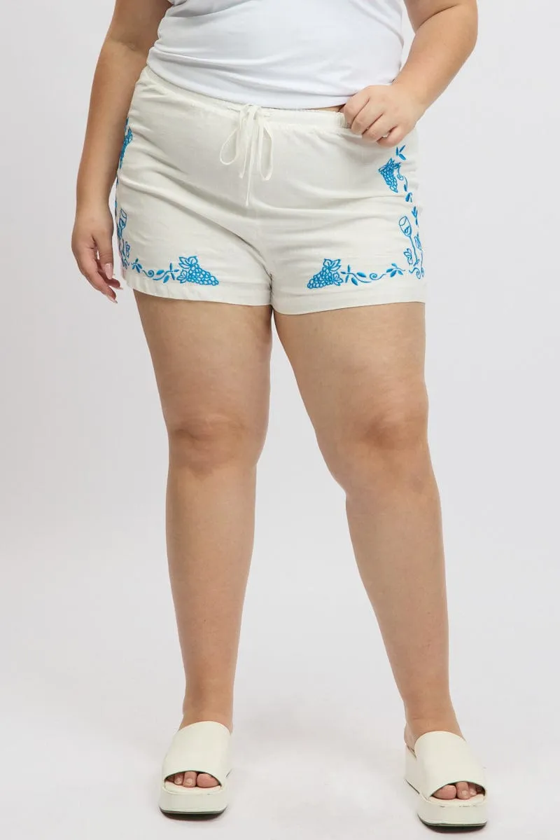 White Embroidered Drawstring Elastic Waist Shorts Soft Socks