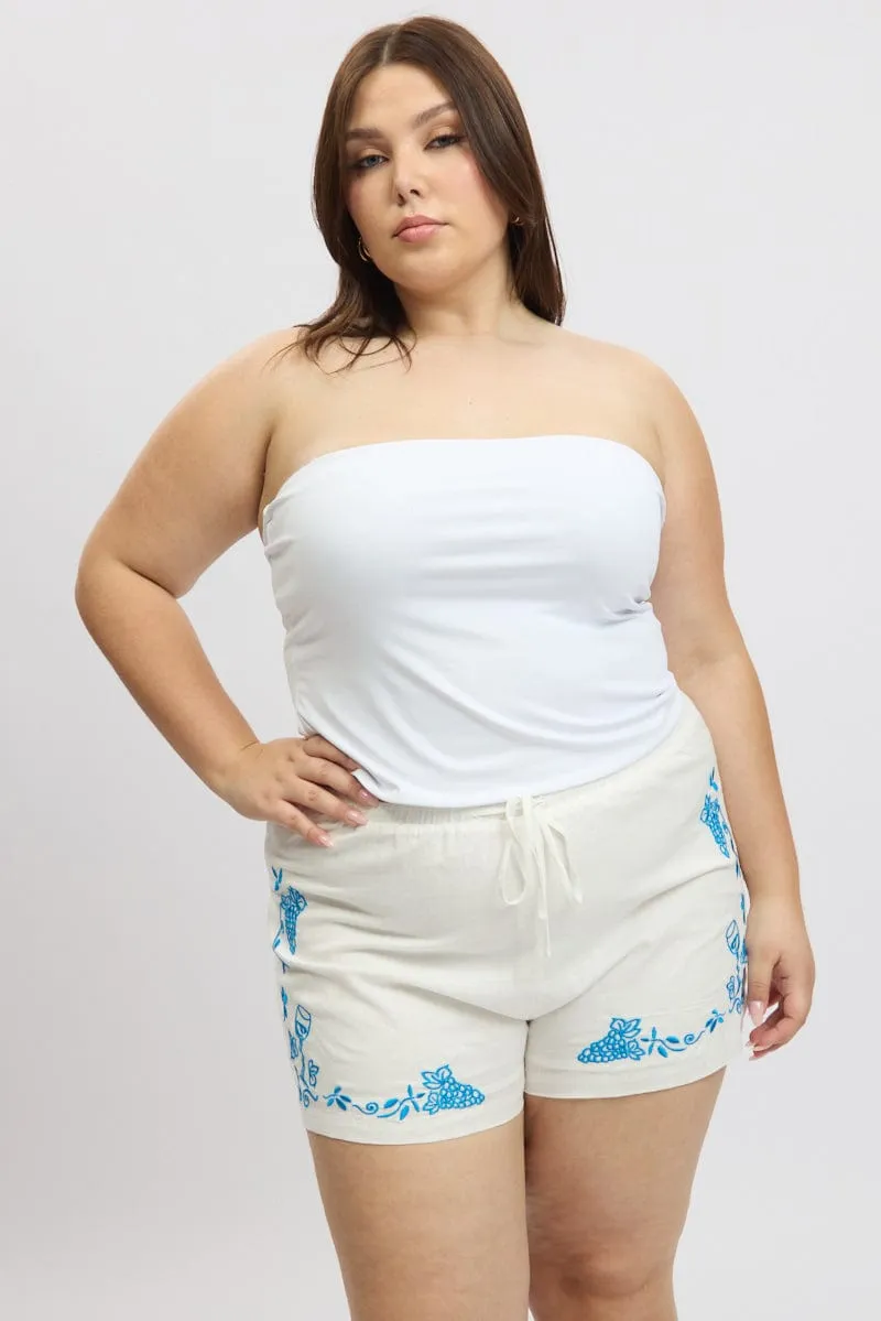 White Embroidered Drawstring Elastic Waist Shorts Brave Fit