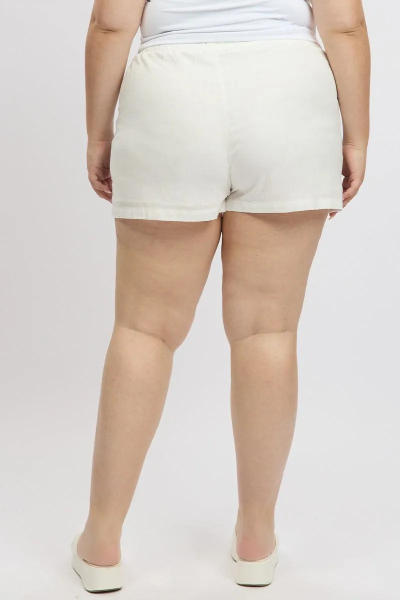 EcoFriendlyDyeProcess White Embroidered Drawstring Elastic Waist Shorts