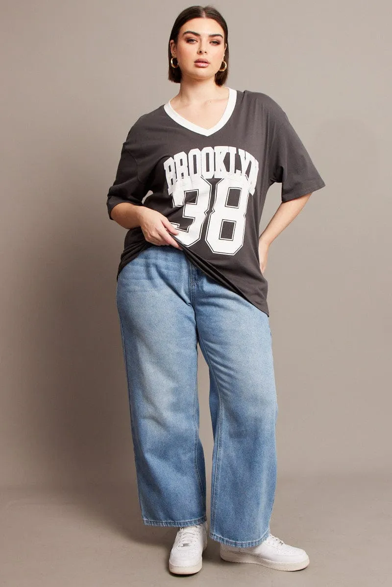Grey Oversized T-shirt Short Sleeve V-Neck Anti Perspiration Lining Vintage Wash Effect