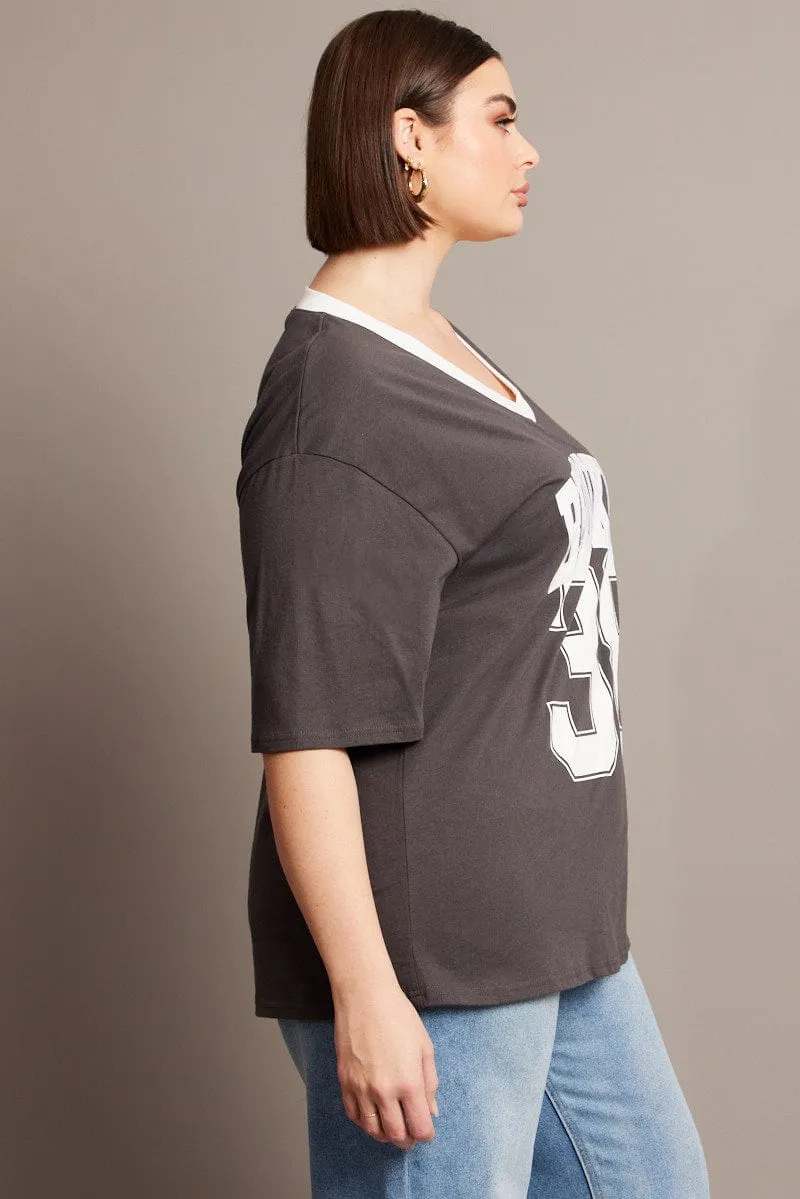 Yoga flexibility Grey Oversized T-shirt Short Sleeve V-Neck