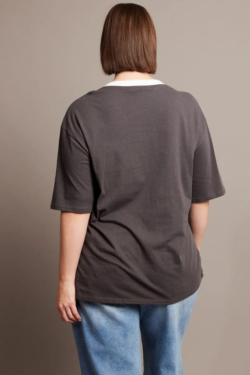 Versatile Option Grey Oversized T-shirt Short Sleeve V-Neck