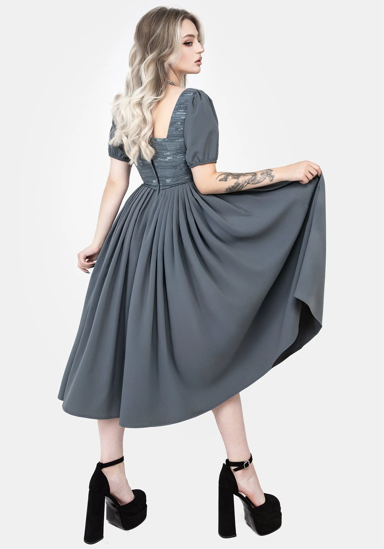 Sleek And Stylish Slain Puff Sleeve Corset Midi Dress