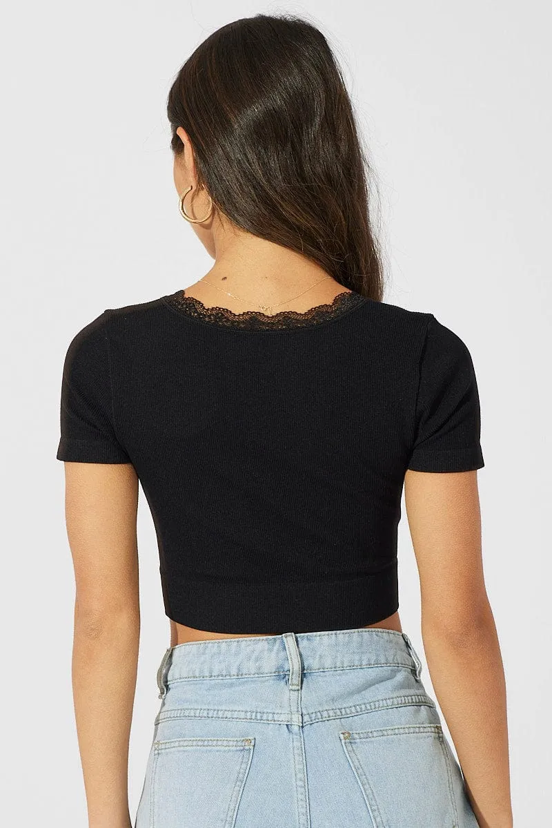 Adjustable drawstring Stylish accessories Black Seamless Top Short Sleeve
