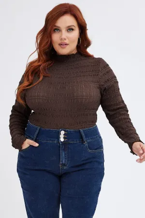 Brown Bodysuit Long Sleeve High Neck Flexible Waistline