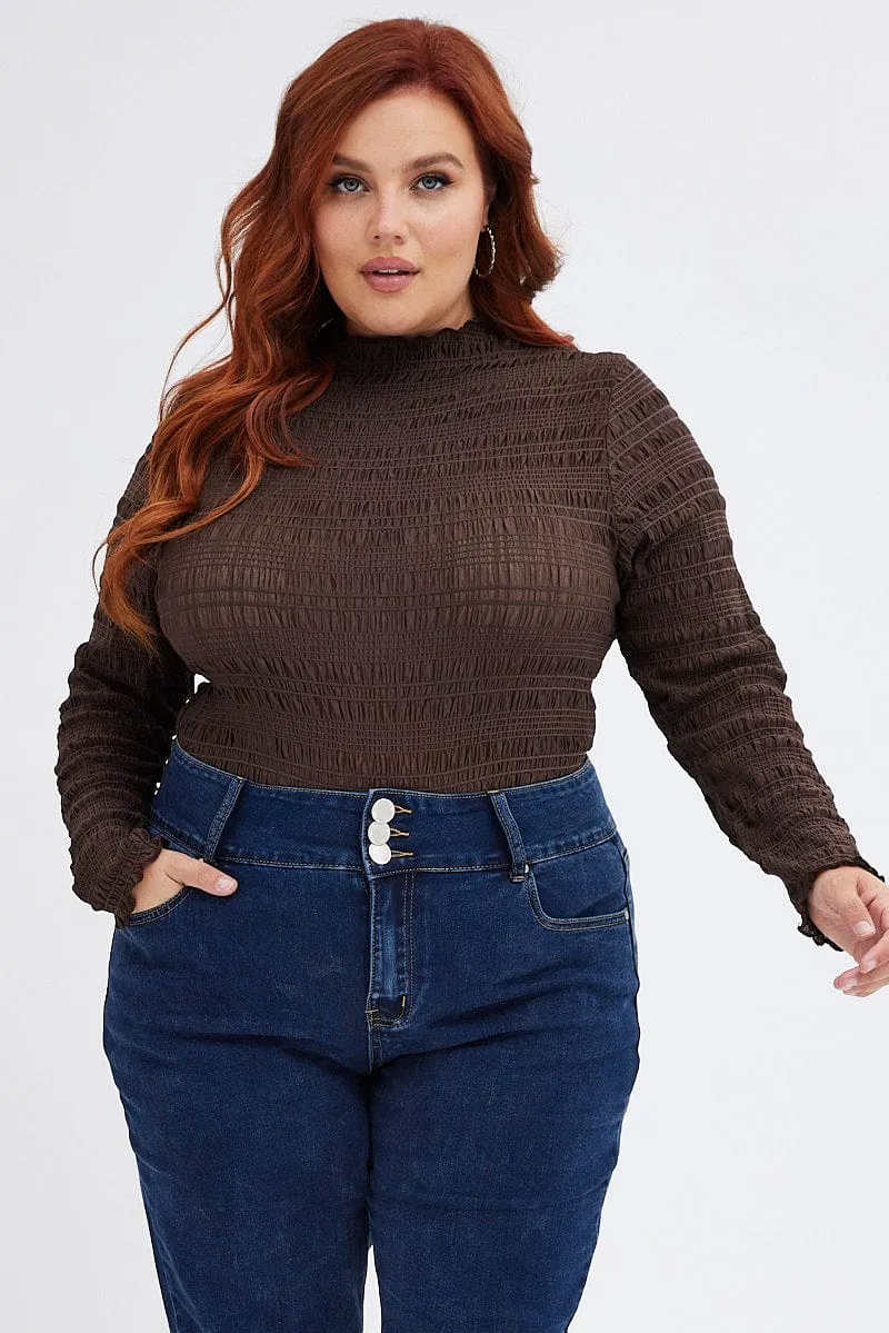 Brown Bodysuit Long Sleeve High Neck Flexible Waistline