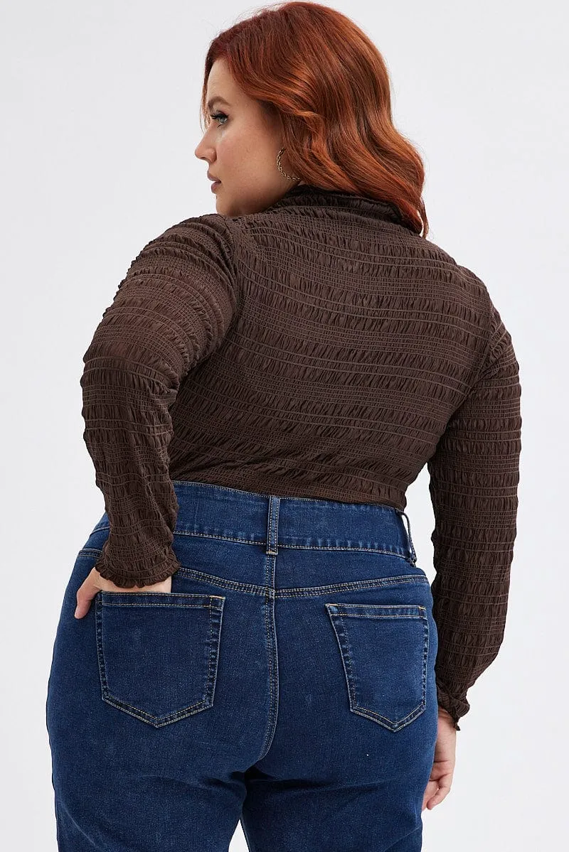 Brown Bodysuit Long Sleeve High Neck Multi-Purpose Wear