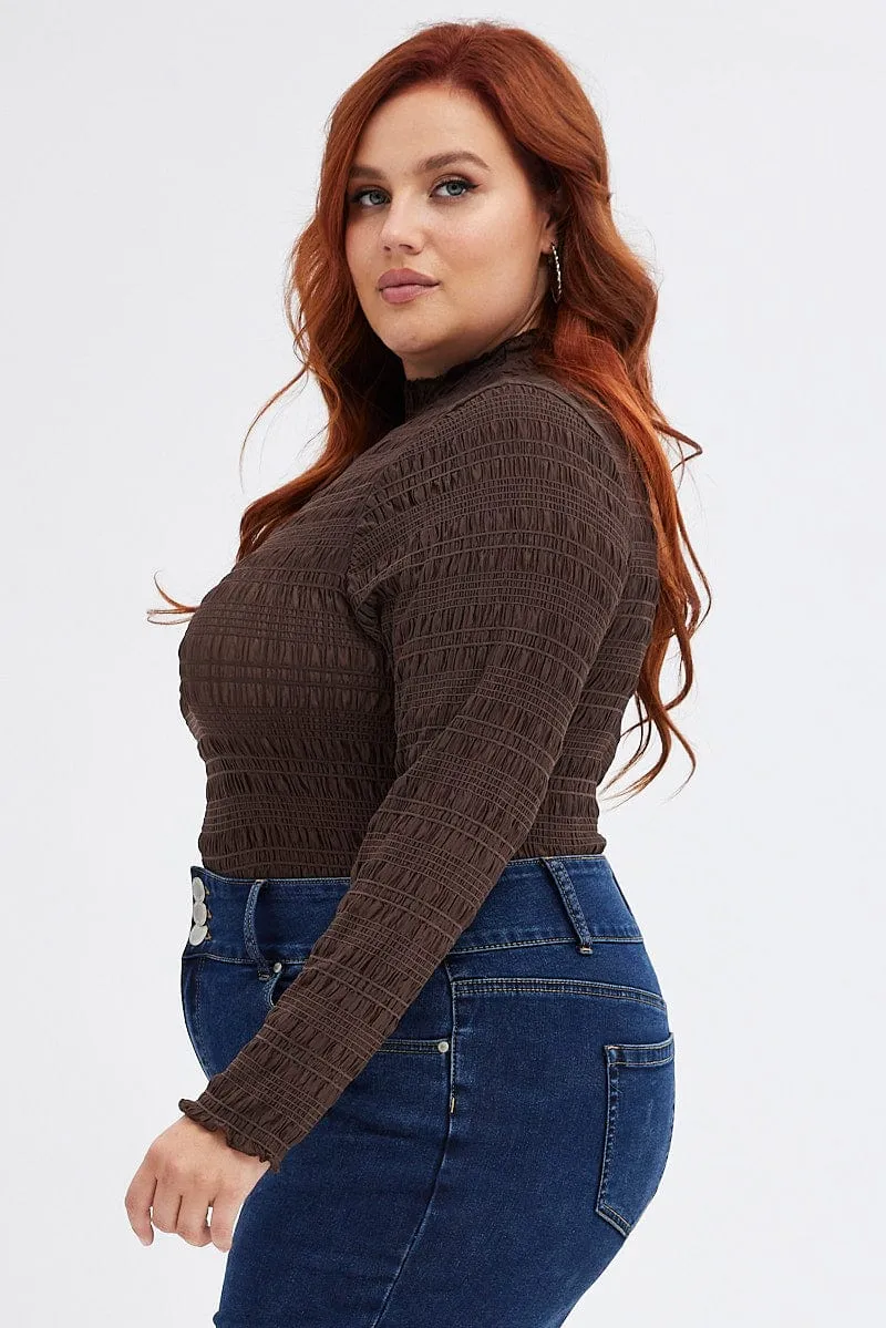 Brown Bodysuit Long Sleeve High Neck Global Glow
