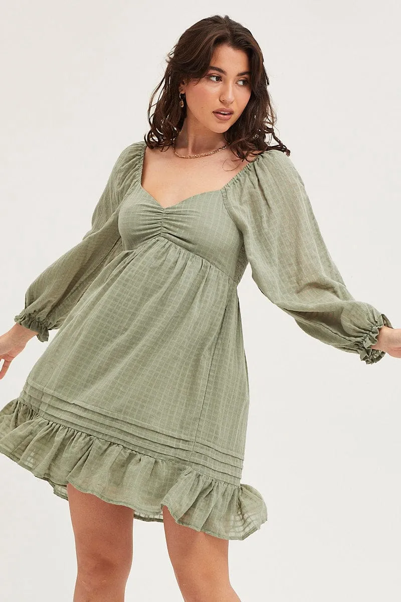 NoSlip Hem Green Smock Dress Long Sleeve Mini