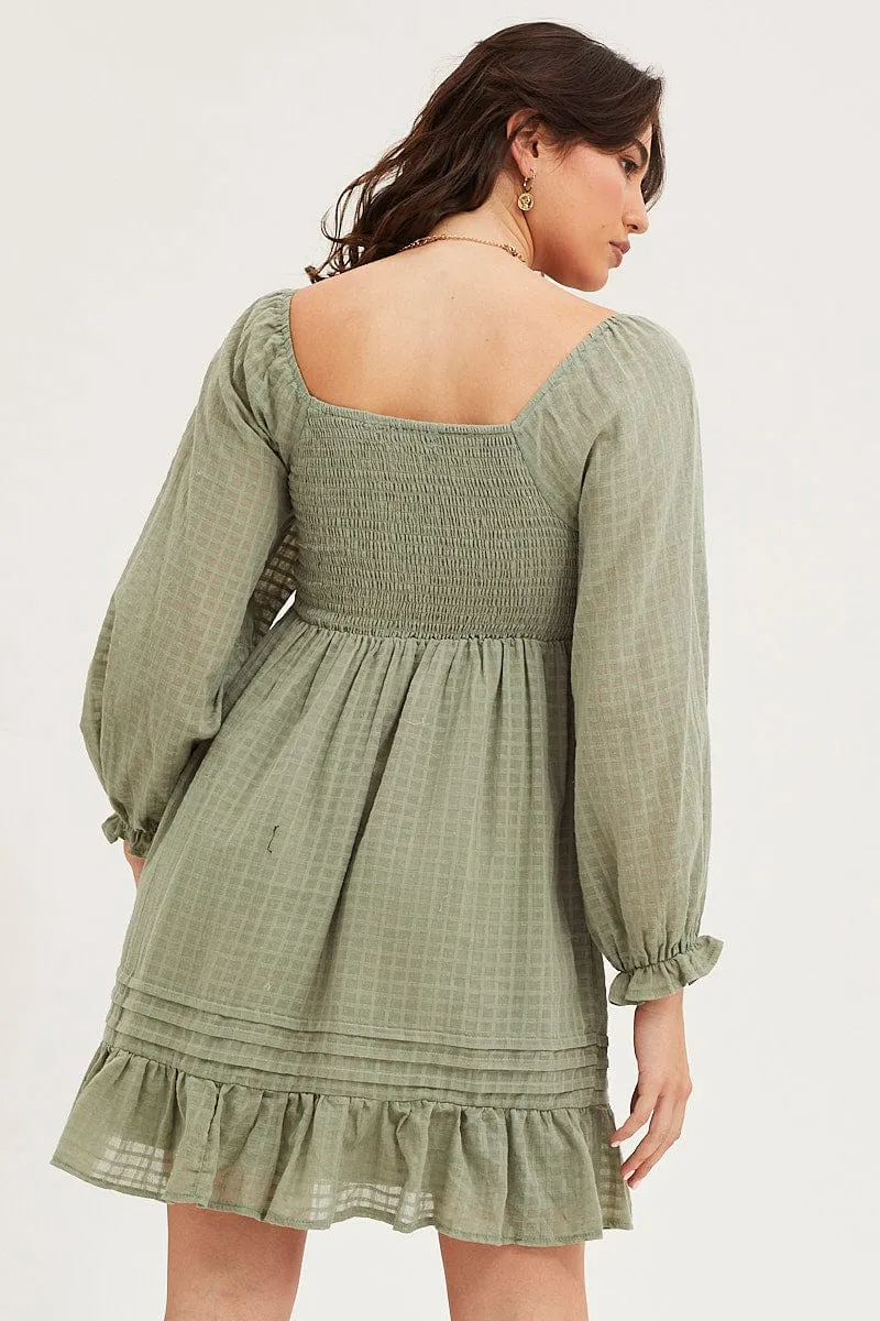 Green Smock Dress Long Sleeve Mini DoubleStitchReinforcement Energy Flow