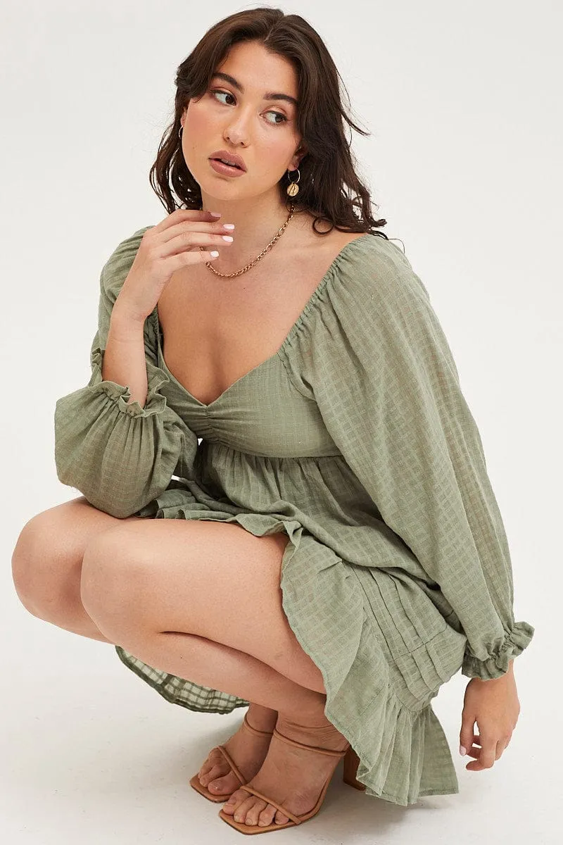 Green Smock Dress Long Sleeve Mini elastic waistband