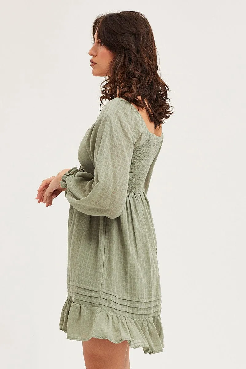 Trendy Look Green Smock Dress Long Sleeve Mini