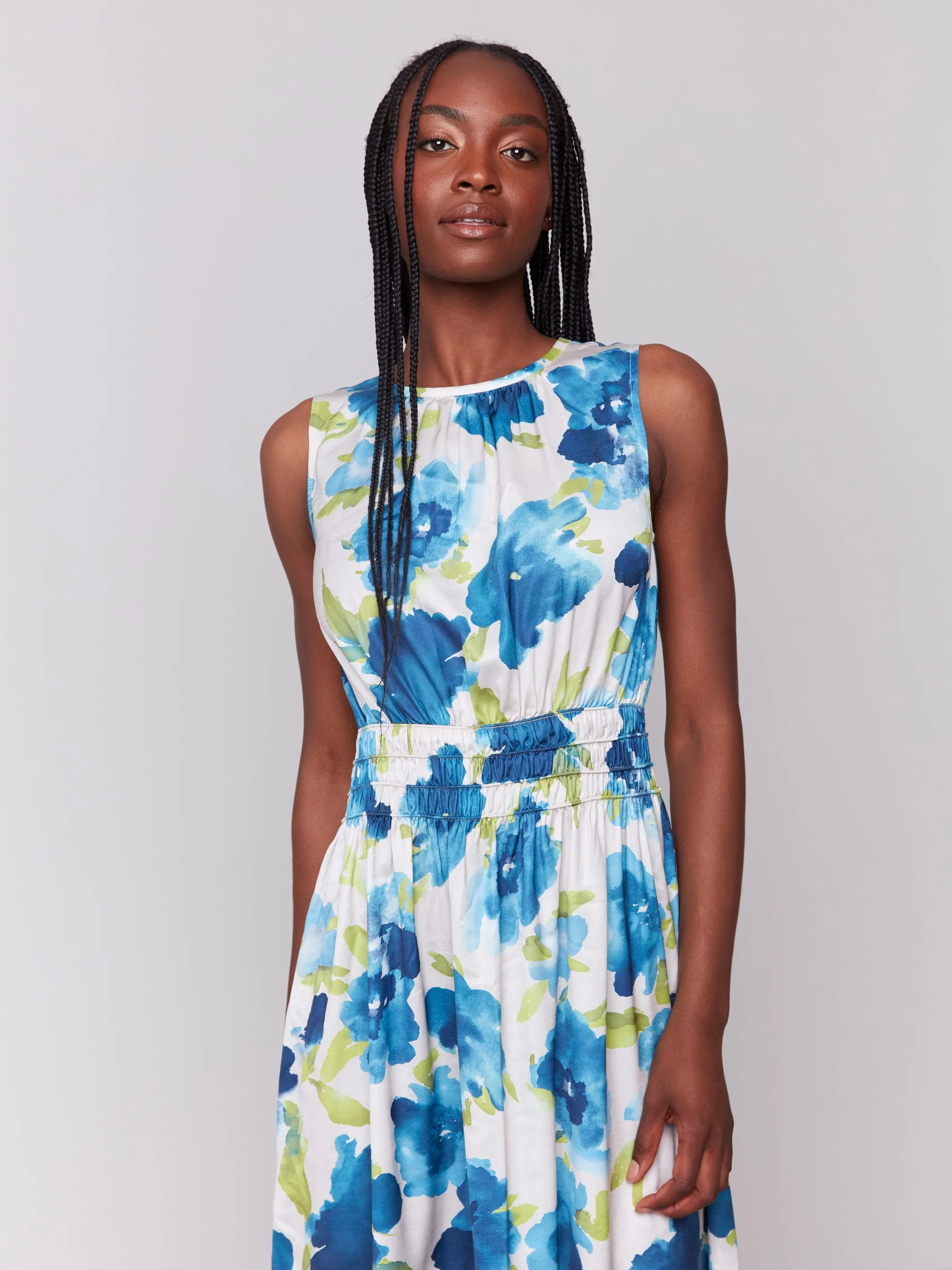 Printed Sleeveless Flowy Satin Dress - Lime Couple Look