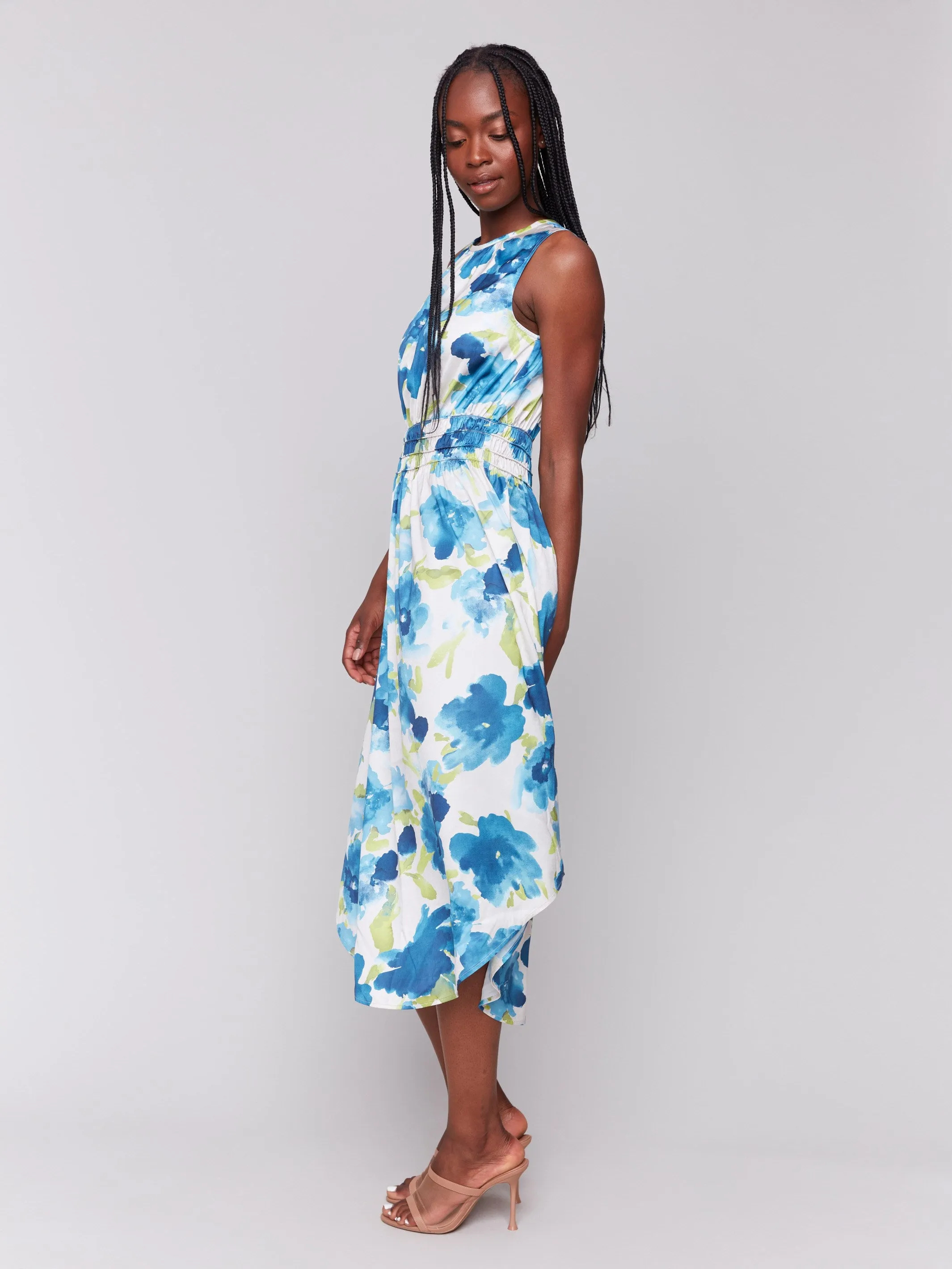 Zero Core Printed Sleeveless Flowy Satin Dress - Lime