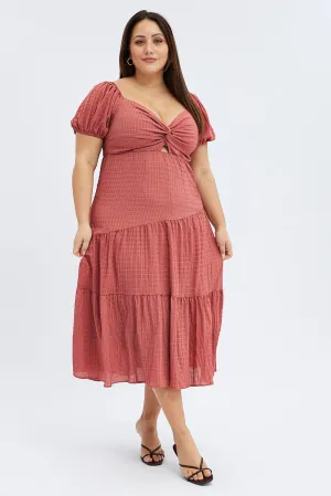 Soft fabric knee-length dress Simple Comfort Brown Midi Dress Short Sleeve Cut Out
