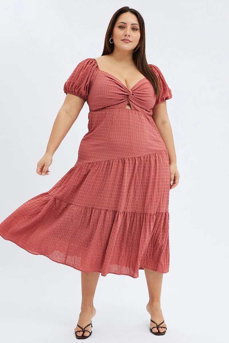 Urban Girl Retro Fan Brown Midi Dress Short Sleeve Cut Out