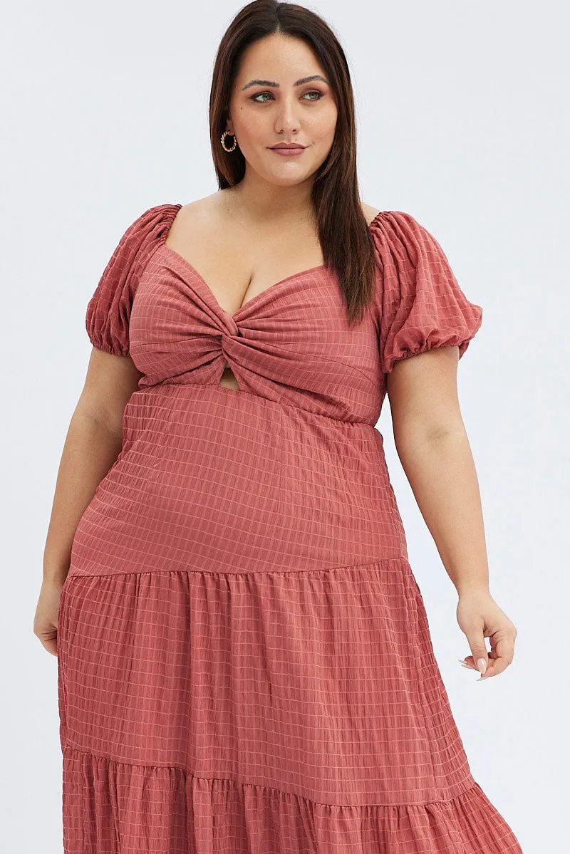 Brown Midi Dress Short Sleeve Cut Out Elegant office dress