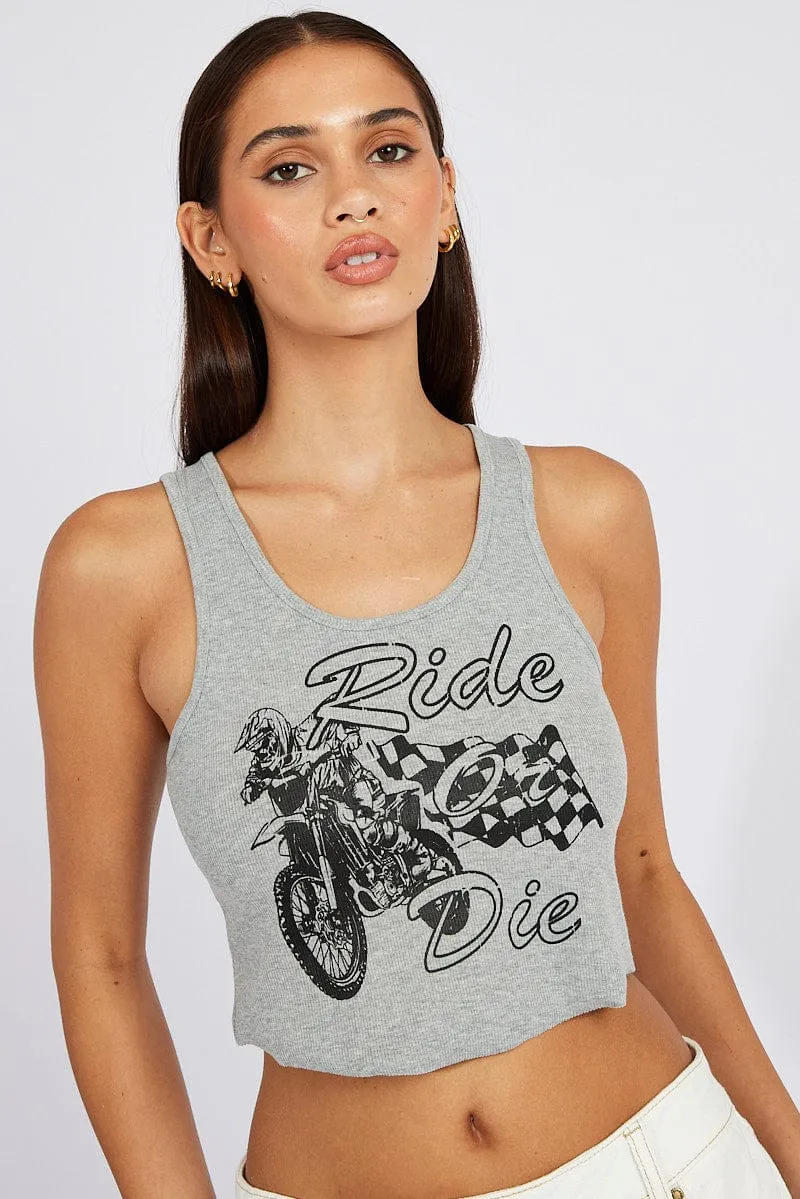 Grey Graphic Tank Sleeveless Rib QuickRelease Fasteners