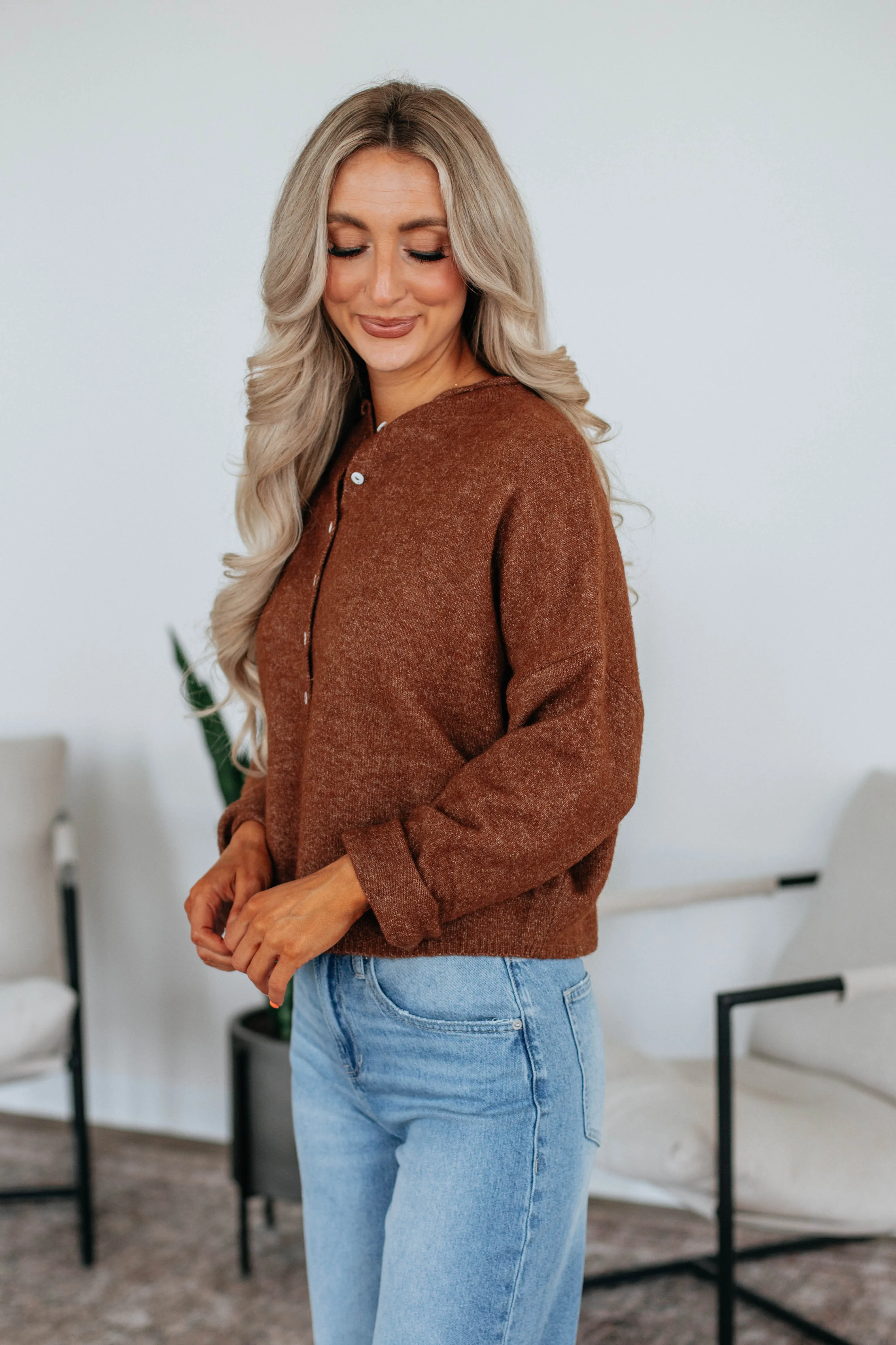 Brooke Cardigan - Walnut Soft & Cozy High Twist Yarn Structure
