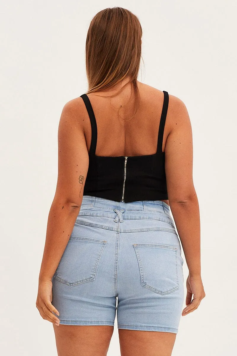 Denim Blue Skinny Denim Shorts High Rise Smooth Line
