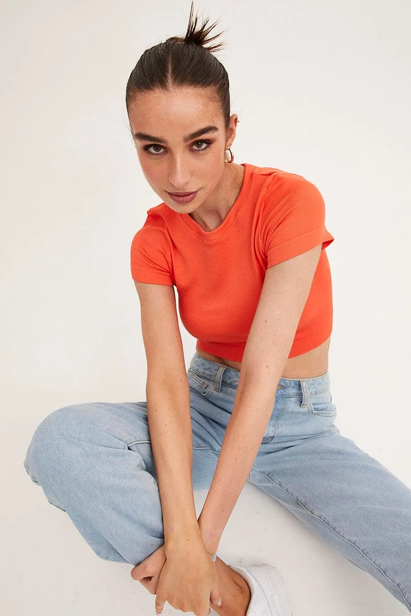 Orange T-Shirt Short Sleeve Crew Neck Seamless Dense Fit