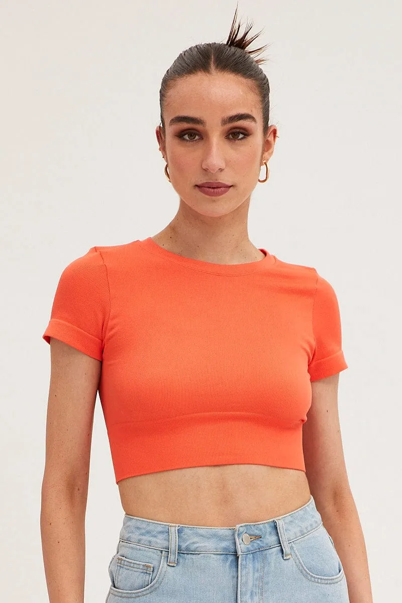 Orange T-Shirt Short Sleeve Crew Neck Seamless Strong Edge