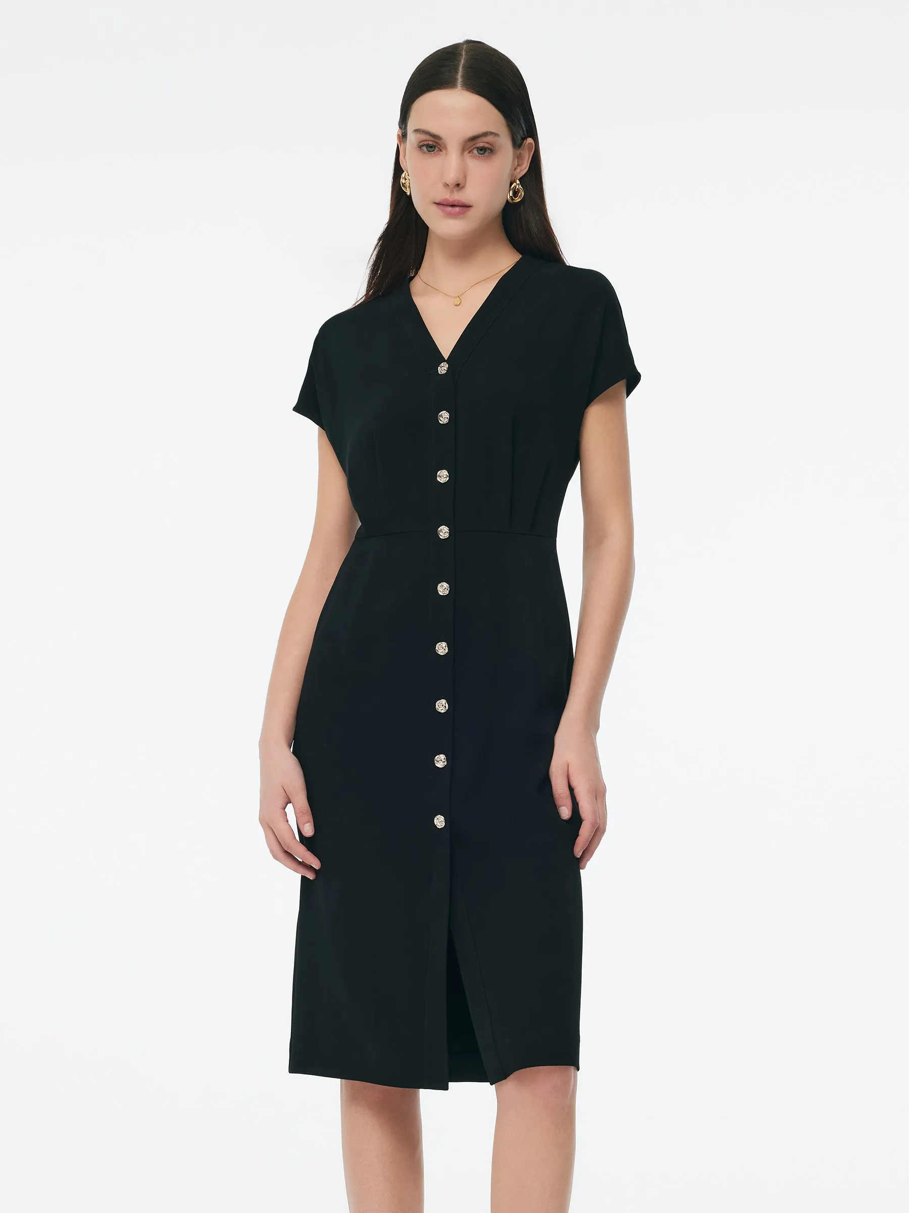 Trendy Appearance Triacetate Blend V-Neck Women Gathered Waist Midi Dress