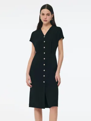 Trendy Appearance Triacetate Blend V-Neck Women Gathered Waist Midi Dress