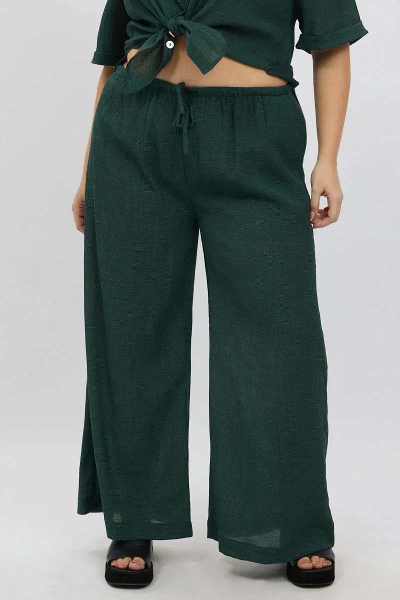 Green Textured Drawstring Wide Leg Pants BreathableMaterial Sweat Wicking Liner