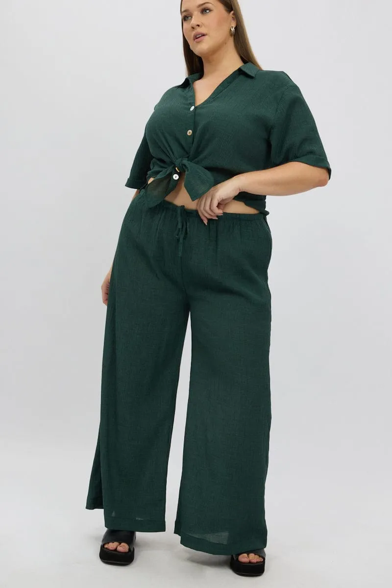 Green Textured Drawstring Wide Leg Pants Rubberized Hem