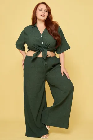 slim fit Green Textured Drawstring Wide Leg Pants