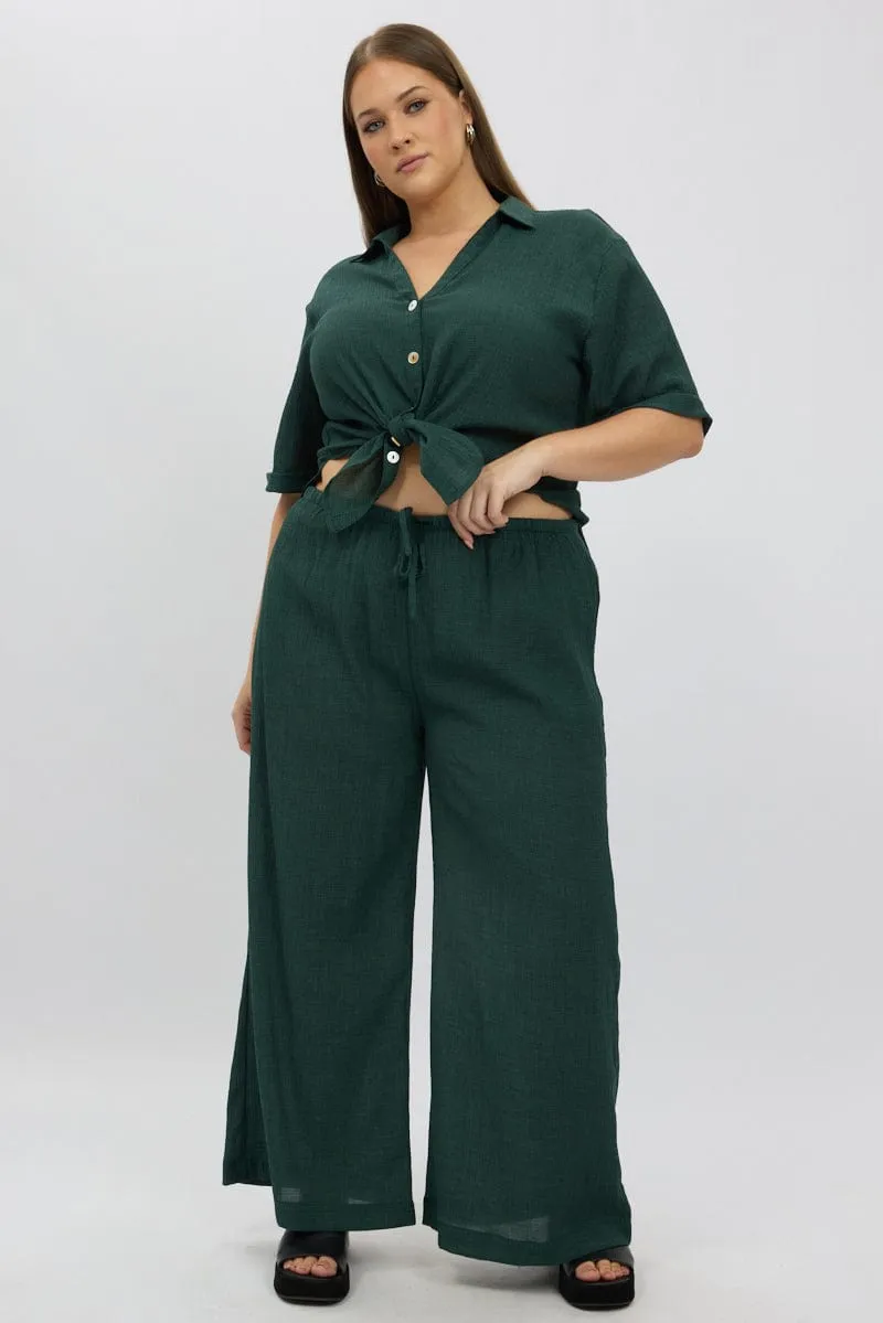 WindResistantMaterial Stretch Fit Wear Green Textured Drawstring Wide Leg Pants