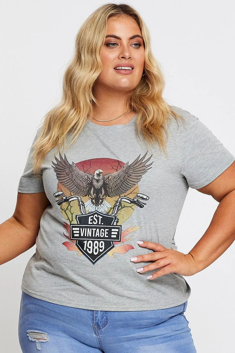 Grey Graphic T-shirt Eagle 1989 Short Sleeve Cotton Seasonal Fashion