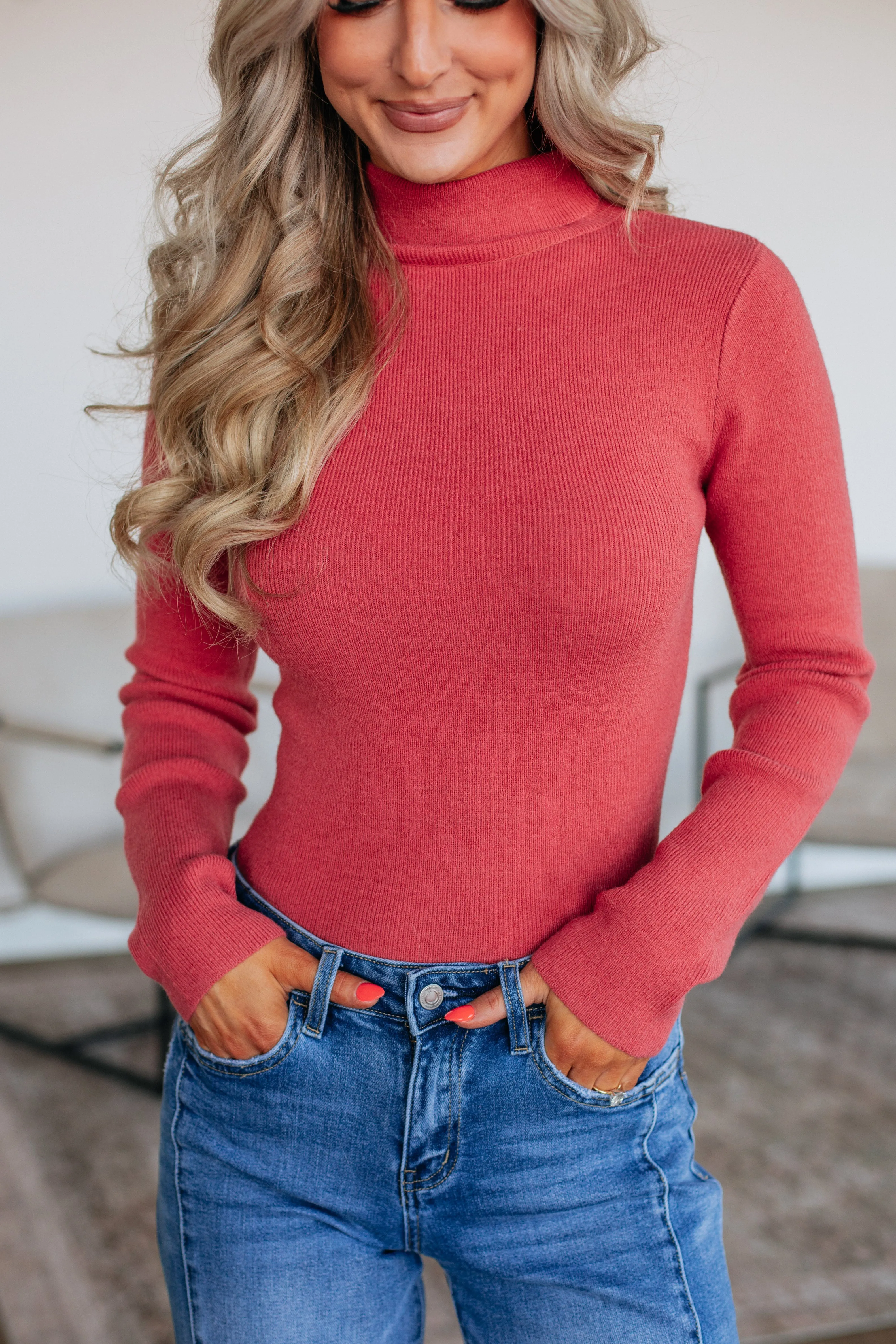 Paxton Turtle Neck Sweater - Dusty Red Breathable Wool