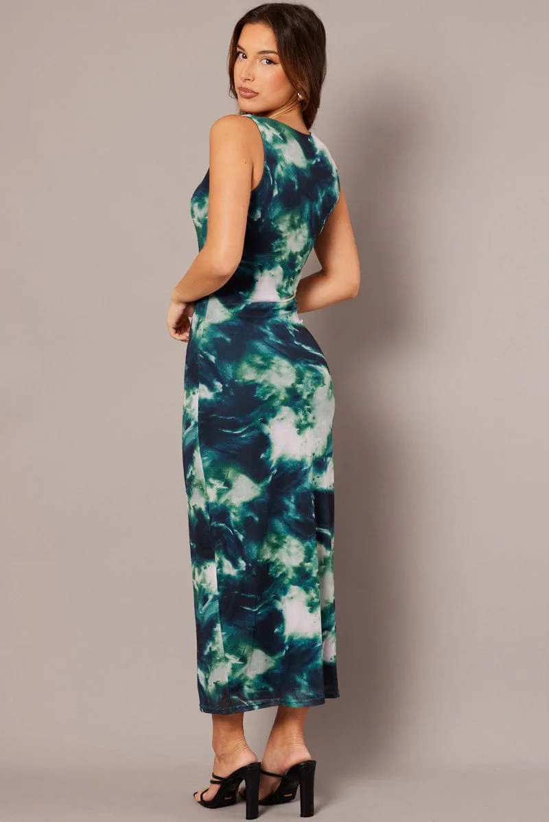 Laid-Back Outfit Street Fashion Green Abstract Bodycon Dress Sleeveless