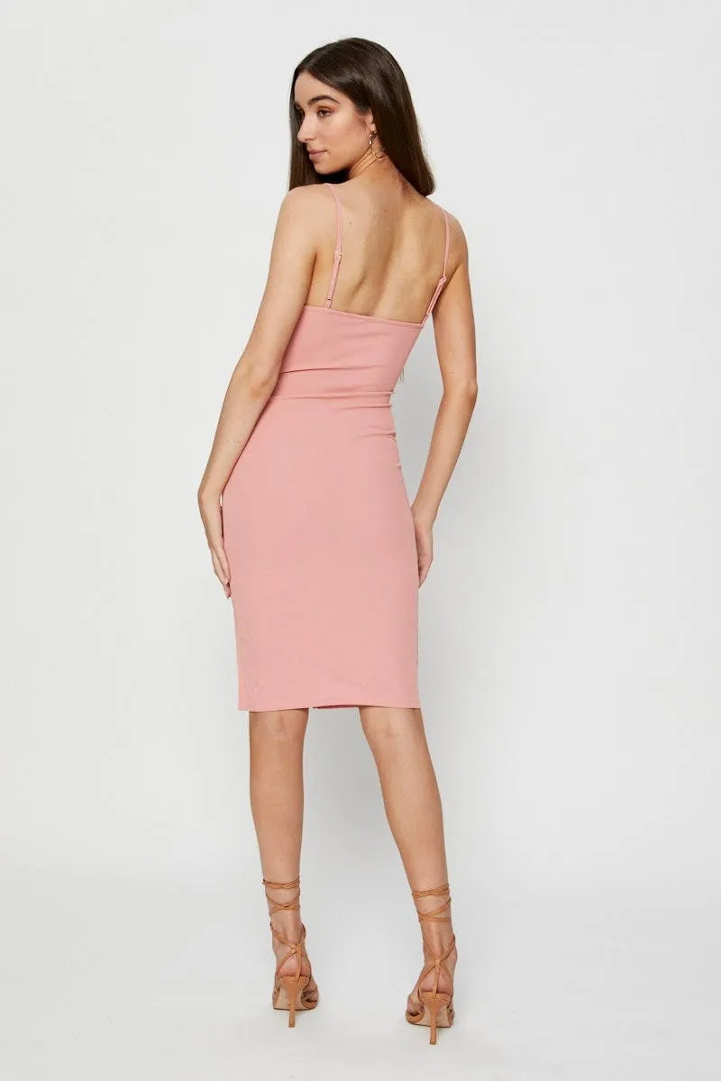 Adjustable Waistbands Pink Bodycon Dress Sleeveless Square Neck