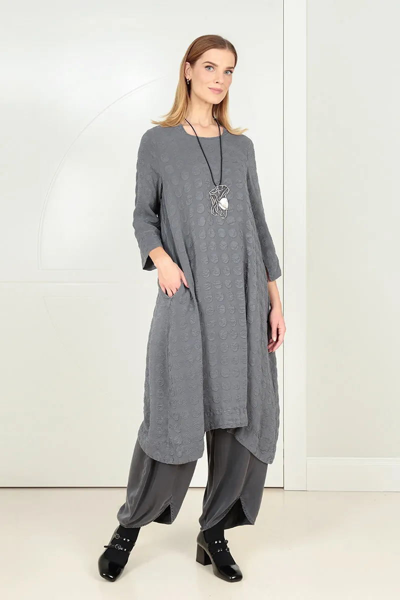 Square Neck Bubble Grey Silver Silk Dress ElasticBinding Active Look