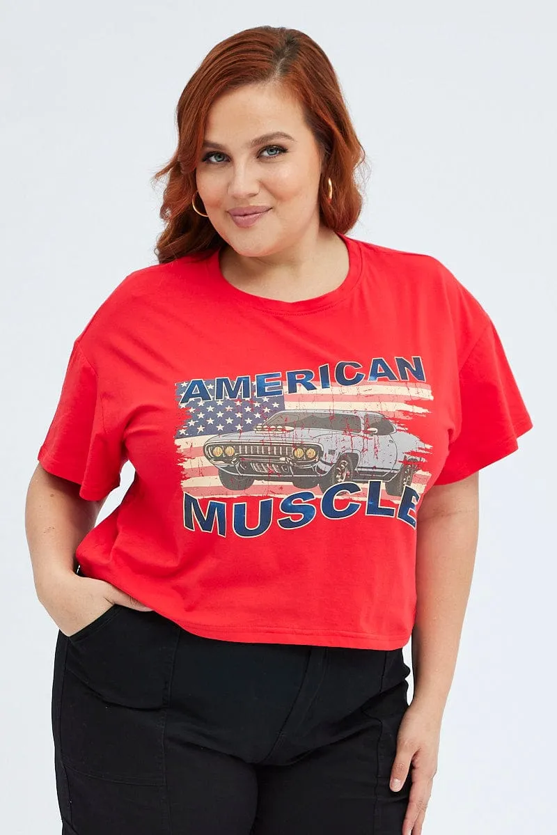 Red Graphic T-shirt American Vintage Crop Cotton Loose Fit