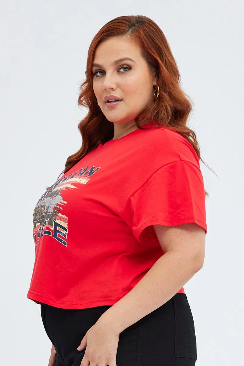 Red Graphic T-shirt American Vintage Crop Cotton Wrinkle Resistant Texture