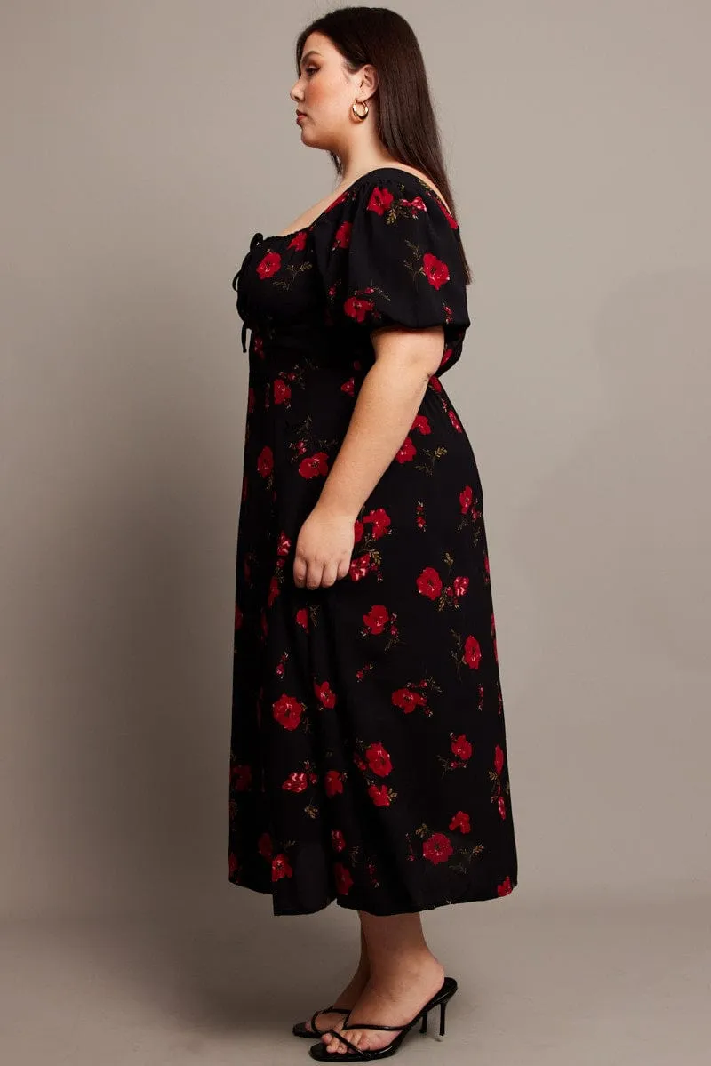 Train Gate Black Ditsy Midi Dress Short Sleeve Ruched Bust